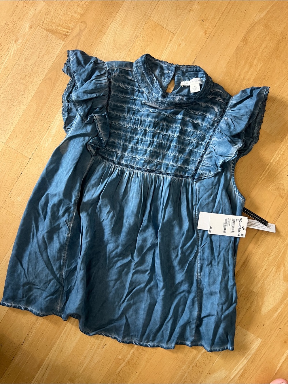 Treasure & Bond Blue Smocked Ruffle-Sleeve Top